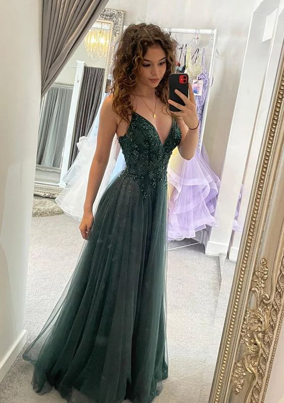 Modest A Line V Neck Straps Green Tulle Prom Dress with Beading Prom Gown AB204