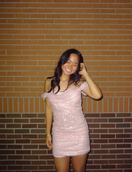 Pretty Sheath Off The Shoulder Pink Sequin Mini Short Inspo Hoco Dress Ideas Homecoming Dresses RB4147