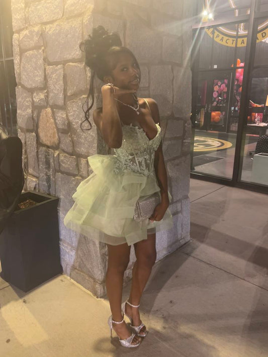 Sexy Ball Gown Spaghetti Straps Lace Tulle Mini Short Hoco 19th Birthday Dress Homecoming Dresses RB4148