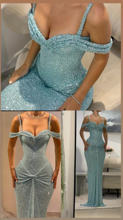 Glitter Bodycon Blue Straps With Sequined Long Prom Dresses Mermaid Bodycon For Women N4114