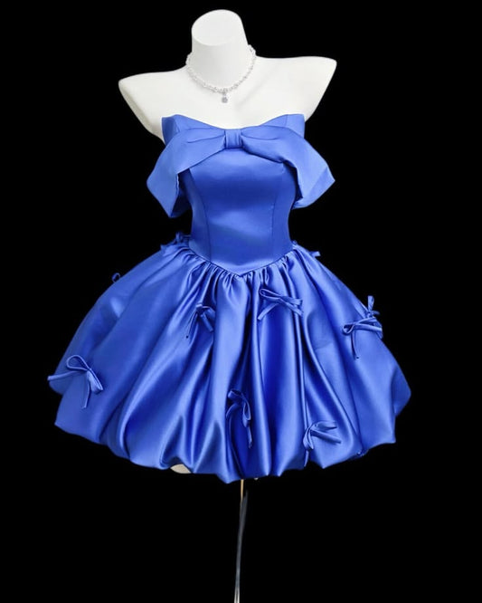 Cute Ball Gown Off The Shoulder Blue Satin Mini Short Inspo Hoco Dress Ideas Homecoming Dresses RB4150