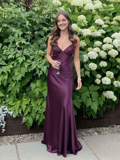 Blue Mermaid V-neck Beaded Back Tie Long Prom Dress Party Dresses For Women AB1476