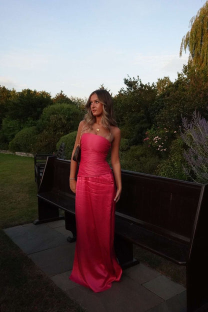 Classic Mermaid Strapless Hot Pink Satin Inspiration Long Wedding Guest Dresses N1666