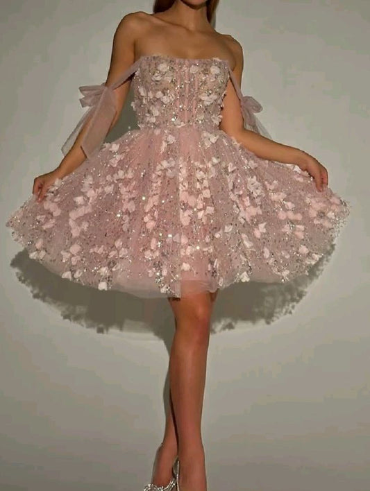 Sexy Ball Gown Spaghetti Straps Lace Tulle Pink Mini Short Hoco 19th Birthday Dress Homecoming Dresses RB4154