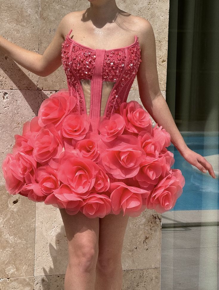 Ball Gown Strapless Pink Mini Dress with Crystal Embellishments Party Outfits RB6431