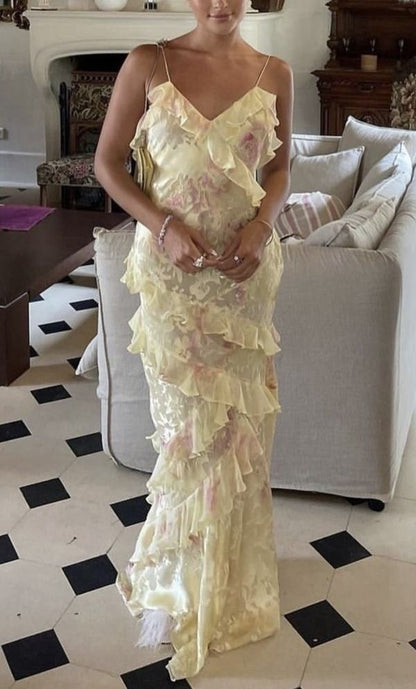 Unique Mermaid Spaghetti Straps Yellow Lace Chiffon Prom Dresses Long Party Dress 21st Birthday Outfits Graduation Gown N901