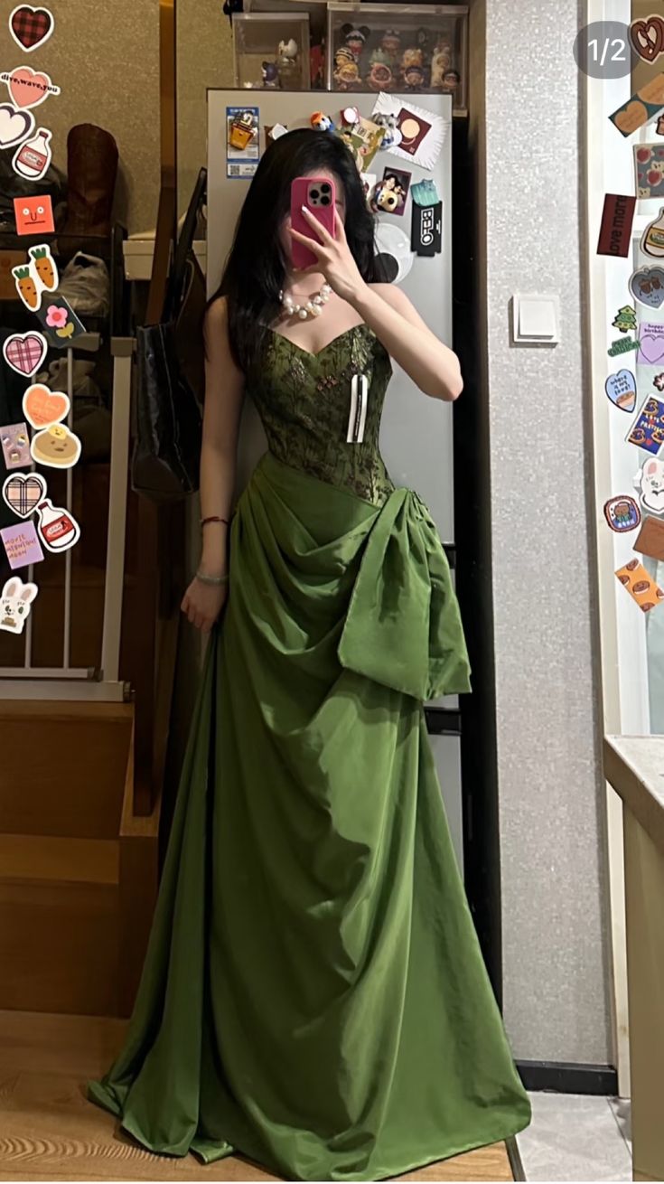 Modest long A line sweetheart olive green satin prom dress Formal Party Gown AB479