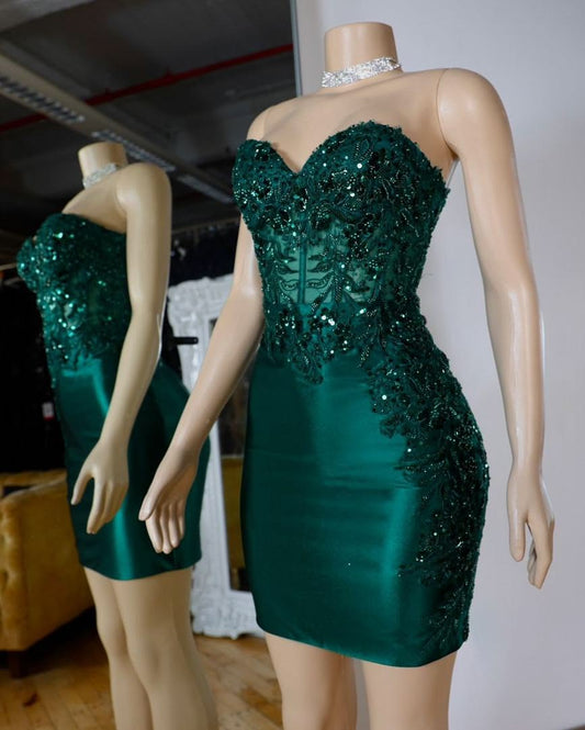Sparkly Sheath Sweetheart Dark Emerald Green Senior Short Formal Graduation Inspo Homecoming Dresses RB3698