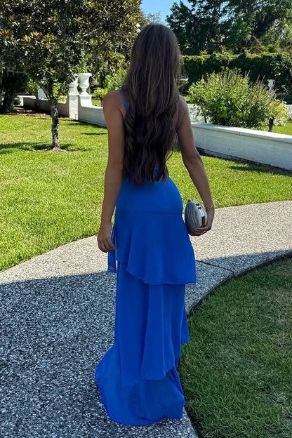 Charming Mermaid Spaghetti Straps Yellow Long Prom Dress with Ruffles Birthday Outfits AB2309