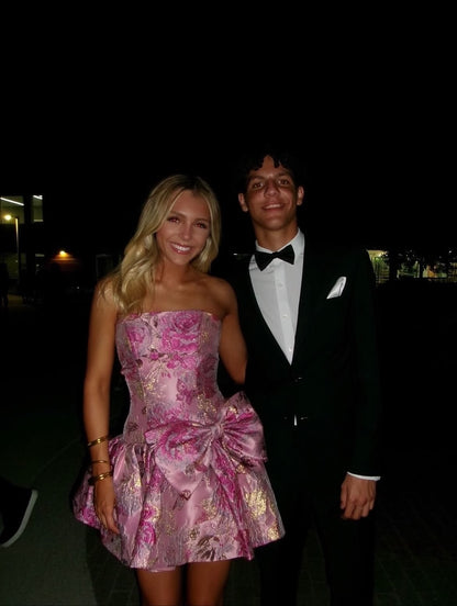 Senior homecoming dress, cute short prom dress inspo Ball Gown Strapless pink floral Birthday Cocktail Ideas Outfits RB8315