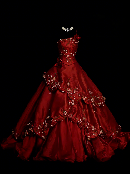 Sweet Ball Gown One Shoulder Dark Red Satin With Tiered Layers Ruffles Long Party Gowns Prom Dresses N2241