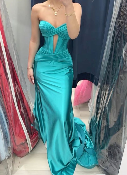 Modest Mermaid Prom Dresses For Women Sweetheart Blue Satin Party Gown 18th Birthday Gowns N1514