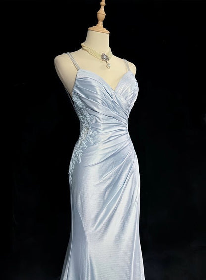 Elegant Blue Spaghetti Strap Prom Gown Pleated Sweetheart Neckline Sexy Backless Fishtail Celebrity Banquet Evening Dress AB987