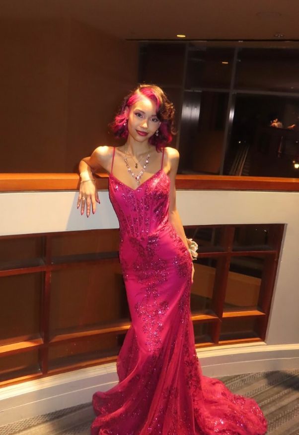 Shinning Mermaid Spaghetti Straps Hot Pink Sequined Lace For Women Party Dresses Long Formal Prom Dress 22th Birthday Gown AB1365
