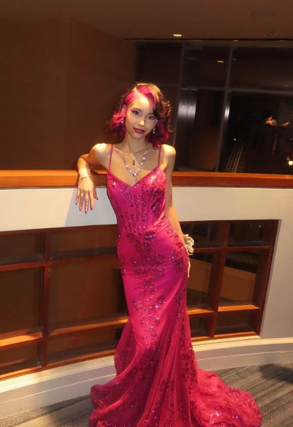 Shinning Mermaid Spaghetti Straps Hot Pink Sequined Lace For Women Party Dresses Long Formal Prom Dress 22th Birthday Gown AB1365