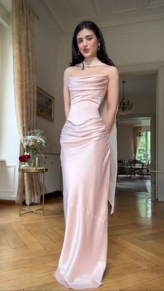 Elegant Mermaid Strapless Pink Satin Prom Dresses Inspiration Trending Evening Gowns Formal Party Prom Dress AB1435