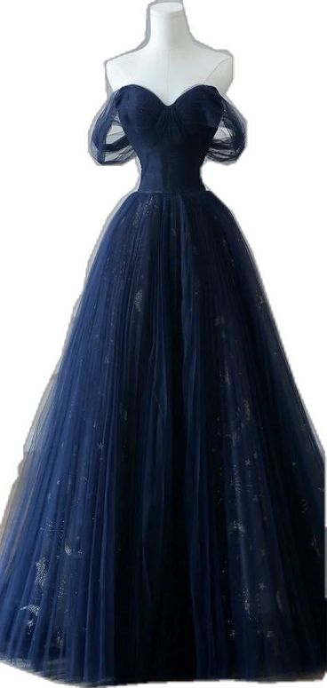 A-Line Off Shoulder Tulle Lace Dark Blue Long Prom Dresses AB693