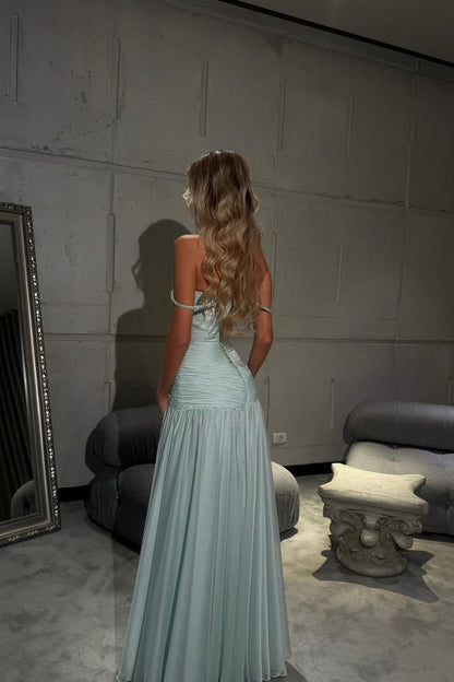 Romantic Off-The-Shoulder Chiffon Sleeveless Prom Dress Beads Pleats Graduation Gown N898