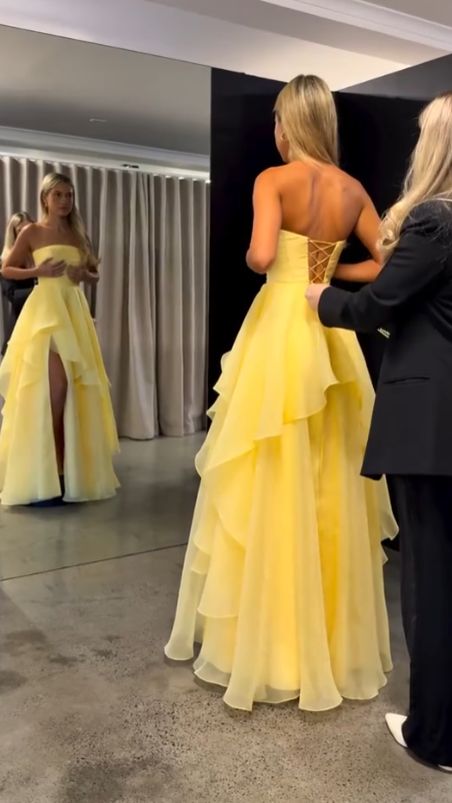 Modest Yellow Strapless A-Line Prom Dresses With Slit Prom Gown AB201