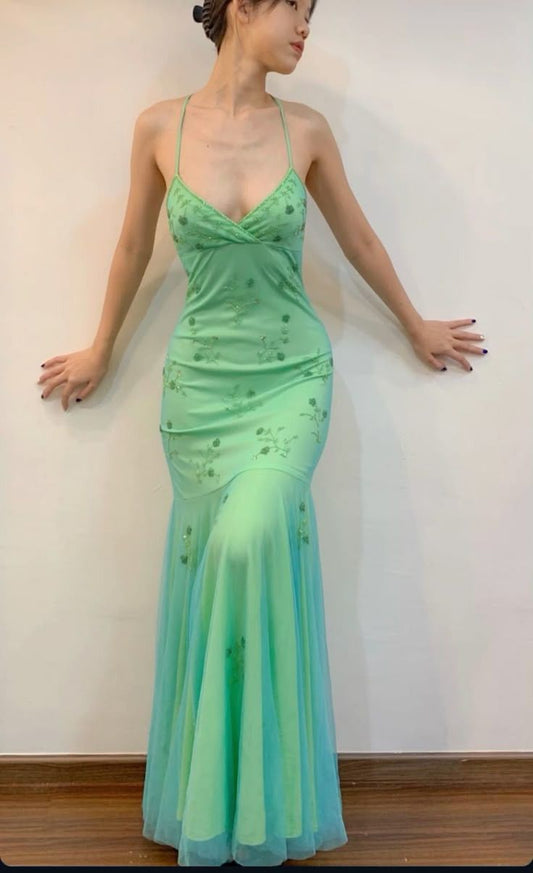 Modest Mermaid Halter Green Chiffon Sleeveless Long Prom Dresses For Women N4181
