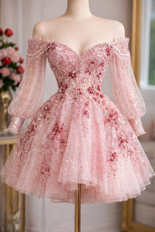 Beautiful Short Homecoming Dresses Ball Gown Off The Shoulder Sequin Pink Semi Formal Graduation Hoco Outfit RB4669