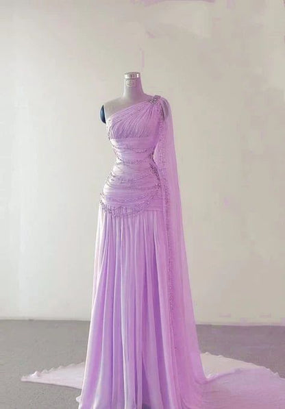 Classy Sheath One Shoulder Pink Long Chiffon Evening Gown Prom Dresses Formal Gowns AB525