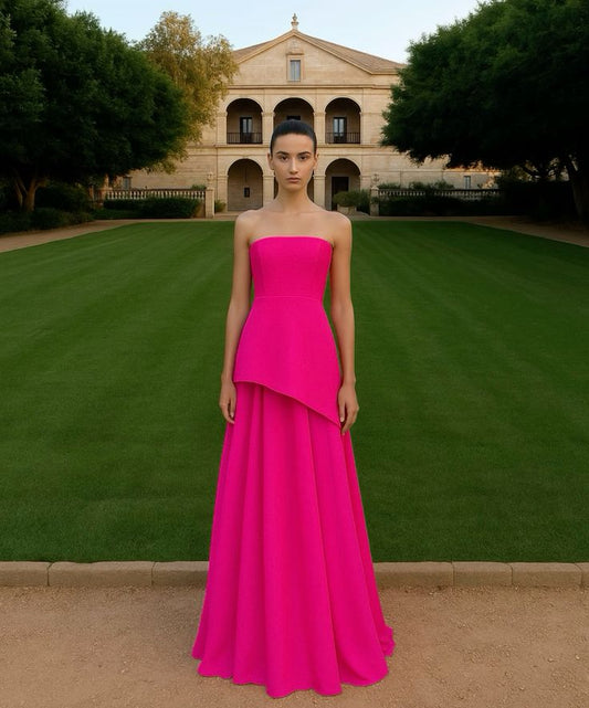 Sexy Hot Pink Prom Dress Aesthetic Classy A line Strapless Sleeveless Chiffon Prom Gowns AB241