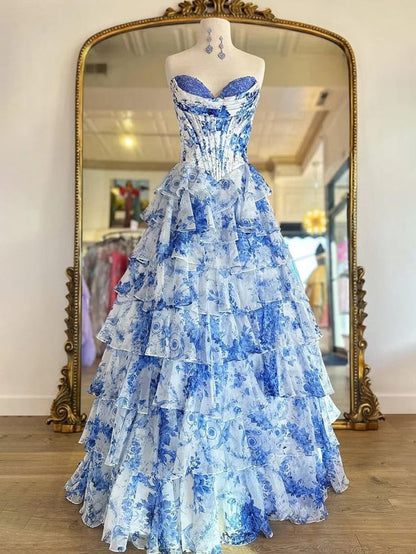 Pink Floral Corset Ball Gown Floral Blush Tiered Chiffon Long Corset Prom Dress with Slit Formal Evening Gowns AB508
