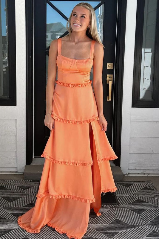 Elegant A line Square Neck Orange Satin Slit Evening Women Party Dresses Long Formal Prom Dresses 16 Birthday Gown AB1297