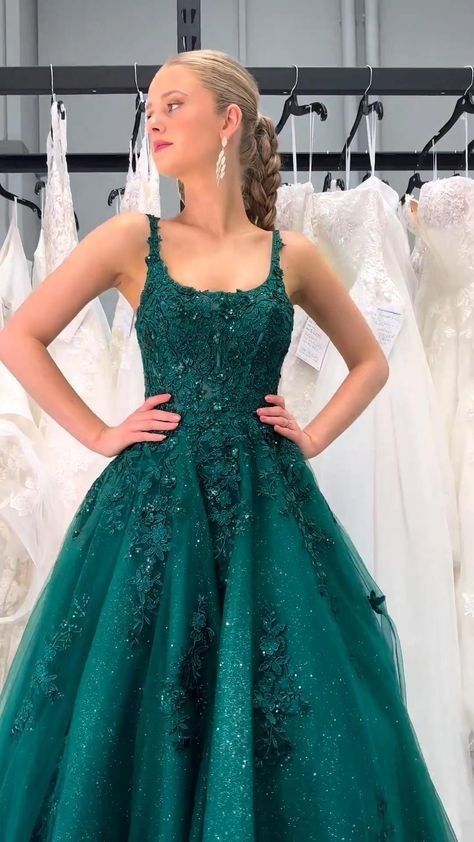 Elegant Emerald Green A Line Square Neck With Lace Appliques For Women Party Dresses Formal Prom Dress Inspo 22th Birthday Gown AB1429
