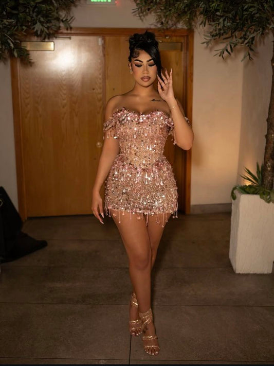 Sophisticated Sheath Off The Shoulder Sequin With Beaded For High School Teens Graduation Dress Short Mini Homecoming Dresses Hoco Outfit RB3700