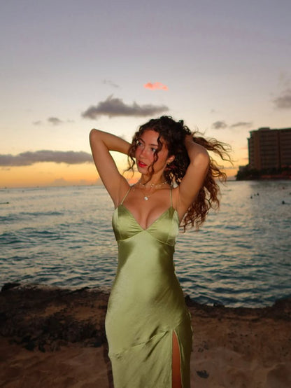 Charming Sheath Summer New V-neck Sling Super Long Beach Green Backless Lace-up Prom Dresses Evening Outfits Formal Dress N1029