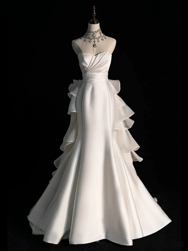 Charming Women's Mermaid 80s Strapless Sleeveless White Satin Pleated Long Wedding Dresses AB1496