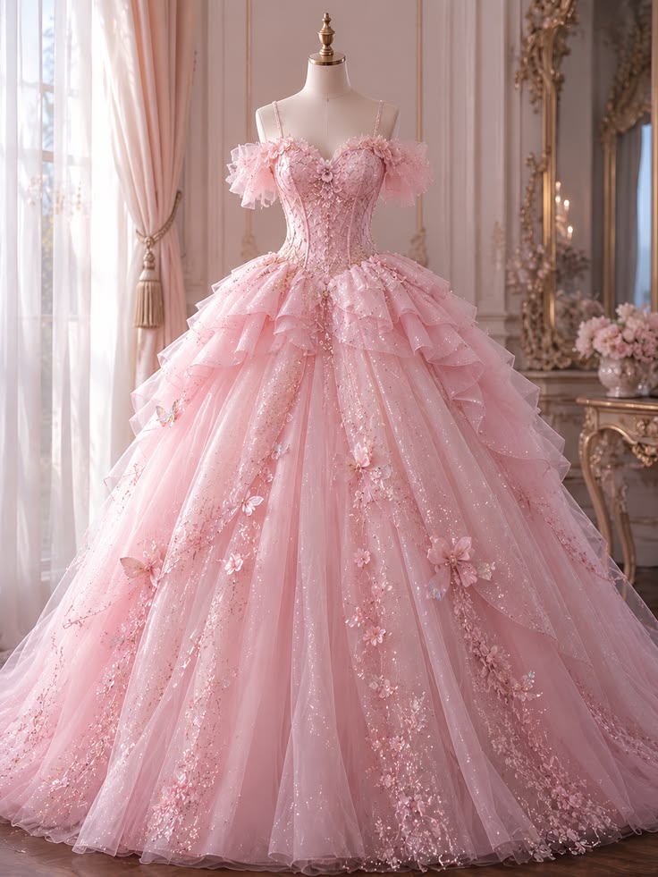 Cute Ball Gown Spaghetti Straps Pink Tulle With Flowers Long Quince Dress Quinceanera Dresses Formal Birthday Outfits RB8211