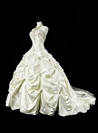 Vintage Wedding Dresses Ball Gown Strapless White Taffeta With Beading Long Bridal Gown N3075