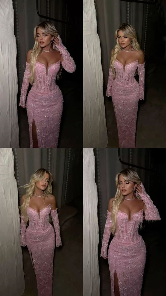 Modest Mermaid Sweetheart Lace Pink With Slit Split Gloves Long Formal Gowns Prom Dresses Evening Gowns AB843