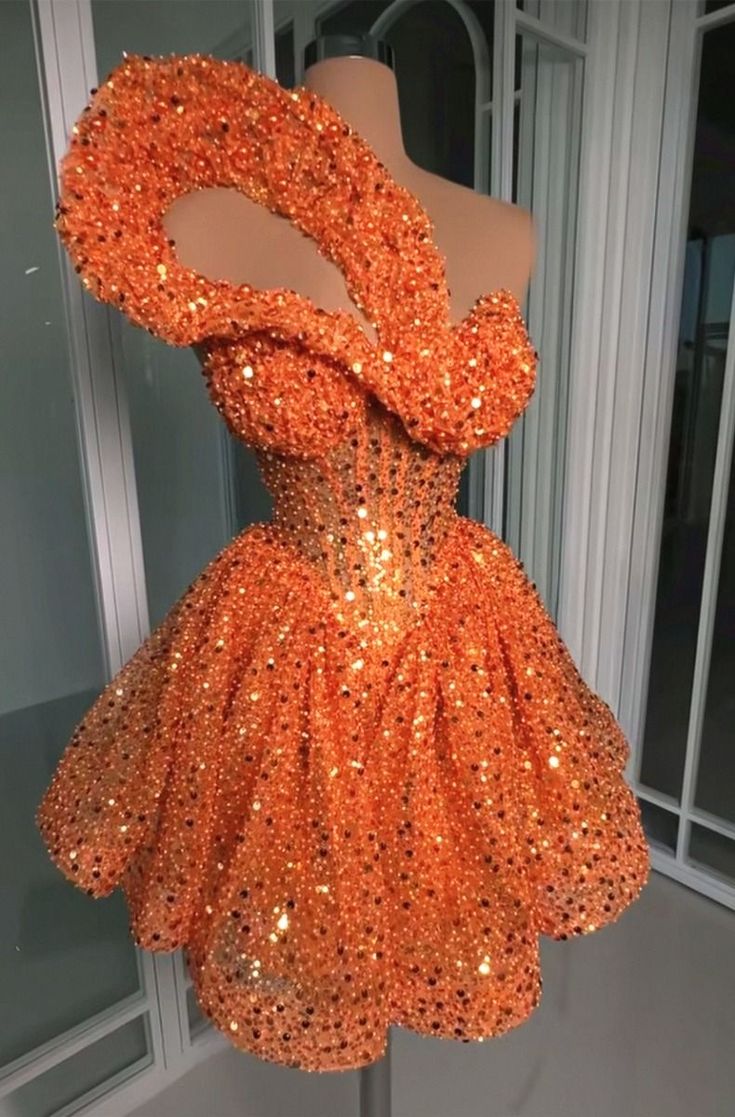 Elegant Ball Gown One Shoulder Orange Sequin Short Inspo Hoco Dress Mini Homecoming Dresses RB4149