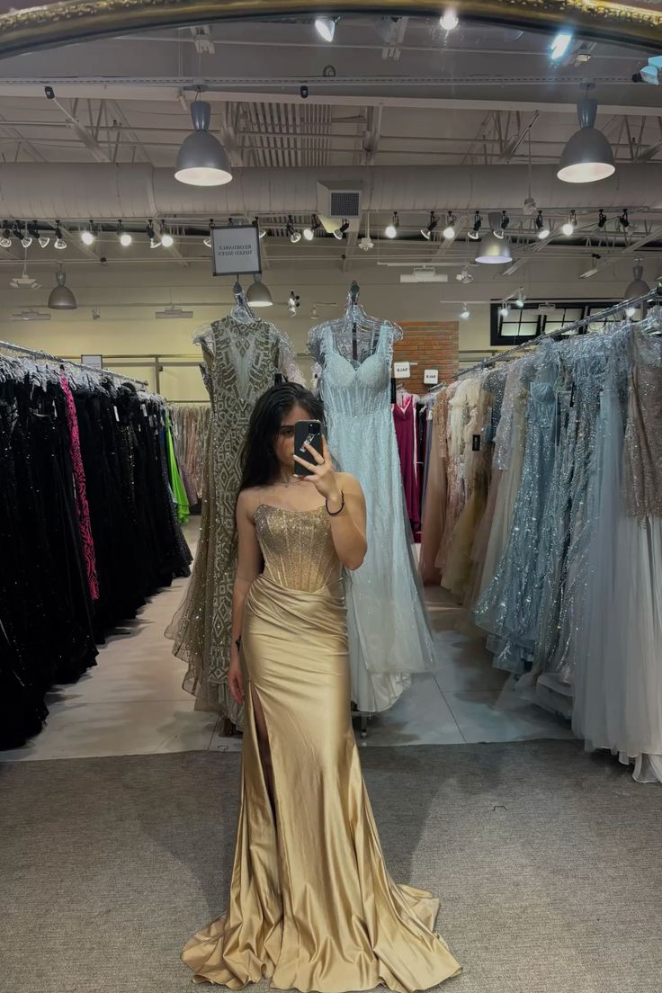 Sparkly Mermaid Sweetheart Gold Slit Long Prom Dress With Beaded Bodice Evening Dresses N632