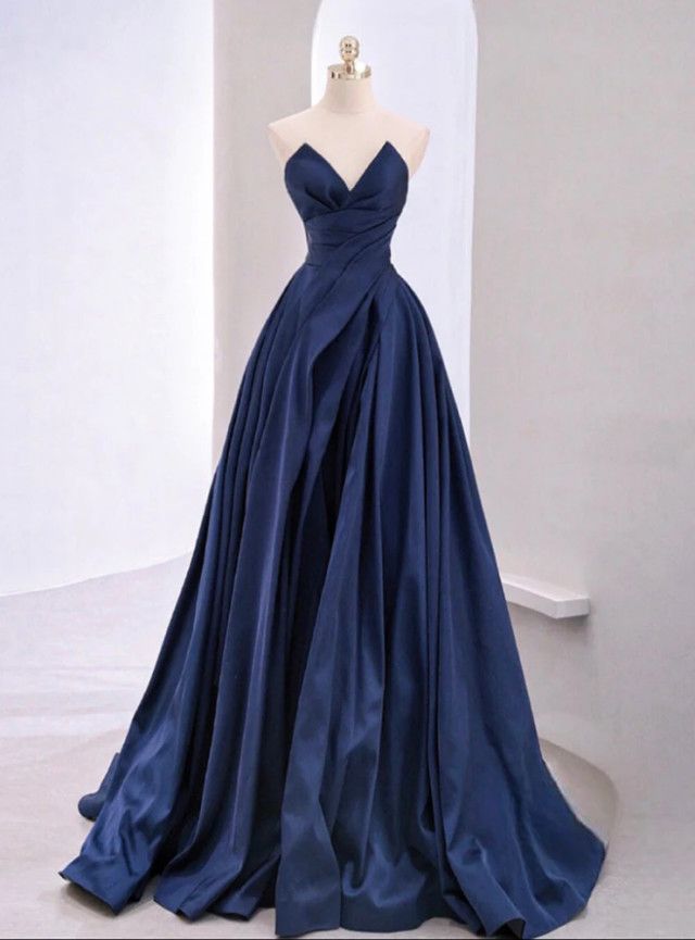 A-Line Sweetheart Satin Navy Blue Long Prom Dress Satin Long Formal Evening Dress AB205