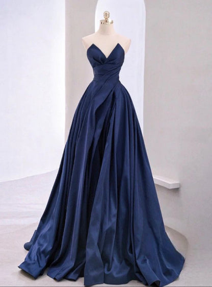 A-Line Sweetheart Satin Navy Blue Long Prom Dress Satin Long Formal Evening Dress AB205