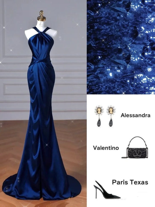 Modest Mermaid Halter Navy Blue Satin For Women Party Dress Long Formal Prom Dresses 22th Birthday Outfits AB1433