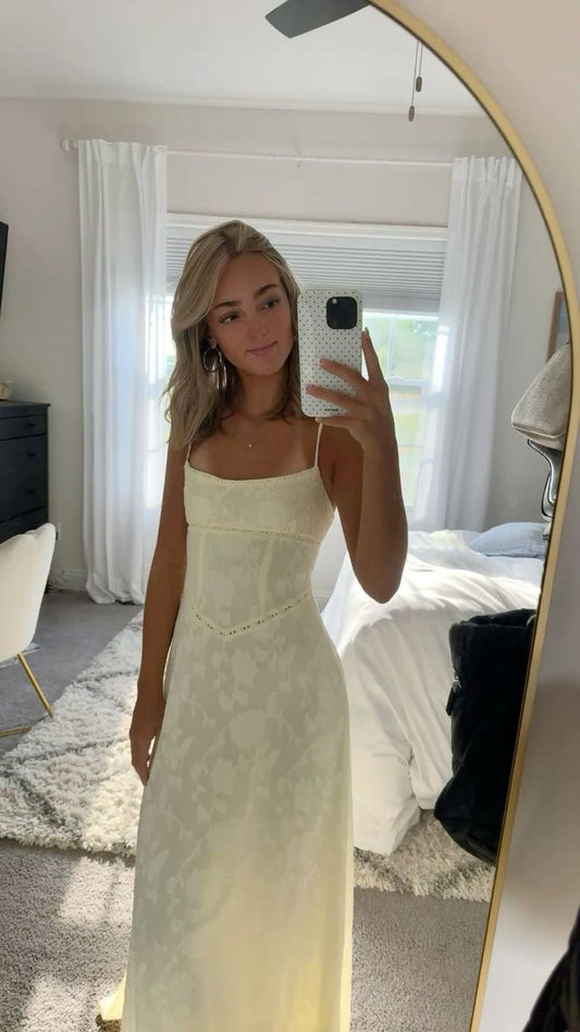 Simple A Line Spaghetti Strap Yellow Maxi Dress Lace Long Beach Summer Garden Inspiration Wedding Guest Dresses N2484