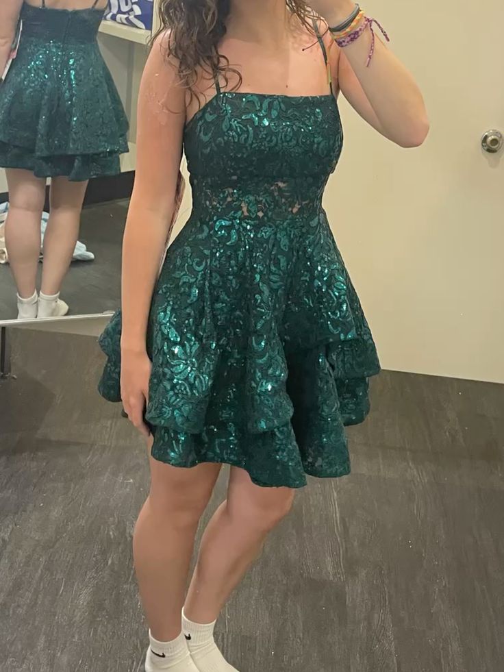 Cute Ball Gown Spaghetti Strap Dark Green Mini Graduation Hoco Dresses Short Senior Homecoming Outfits RB3697