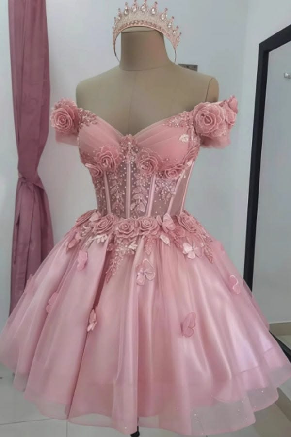 Sparkly Off-Shoulder Tulle Homecoming Dress with 3D Flowers & Corset Party Dresses RB6784