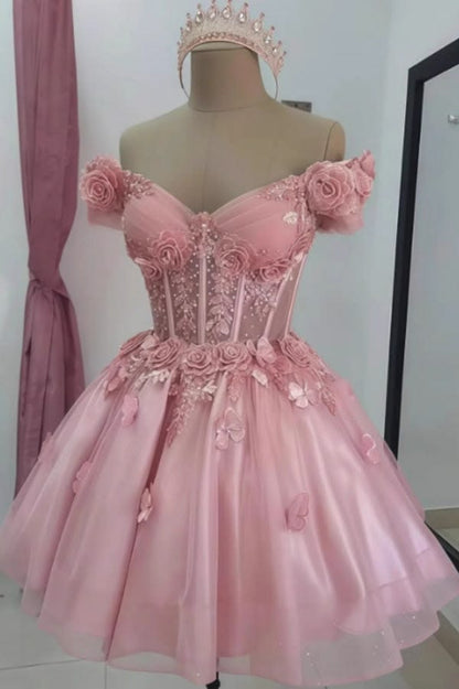 Sparkly Off-Shoulder Tulle Homecoming Dress with 3D Flowers & Corset Party Dresses RB6784
