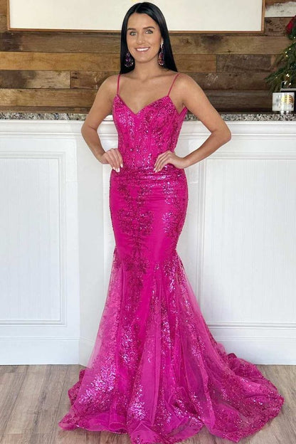 Sexy Mermaid Spaghetti Straps Hot Pink Lace Sequin Prom Dresses Long 18th Birthday Outfit High School Dance Party Dress RB1236