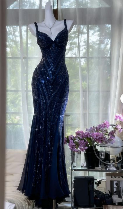 Vintage V Neck Dark Purple Chiffon Sequin Mermaid Long Party Gown Evening Dress 20th Birthday Outfits N875