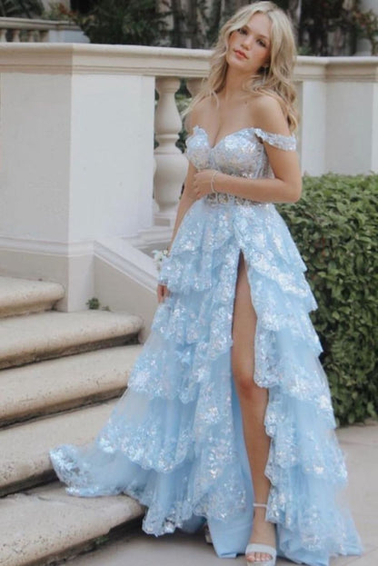 Pretty Off The Shoulder Pink Lace Slit Long Formal Prom Dresses Evening Dress Formal Party Gowns AB480