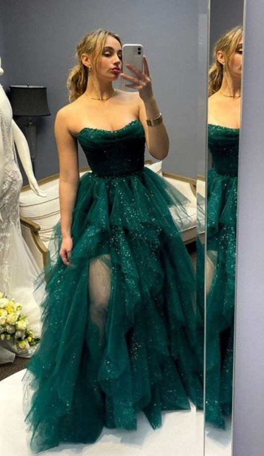Elegant Emerald Green Ball Gown Strapless With Slit For Women Party Dresses Formal Prom Dress Inspo 22th Birthday Gown AB1430