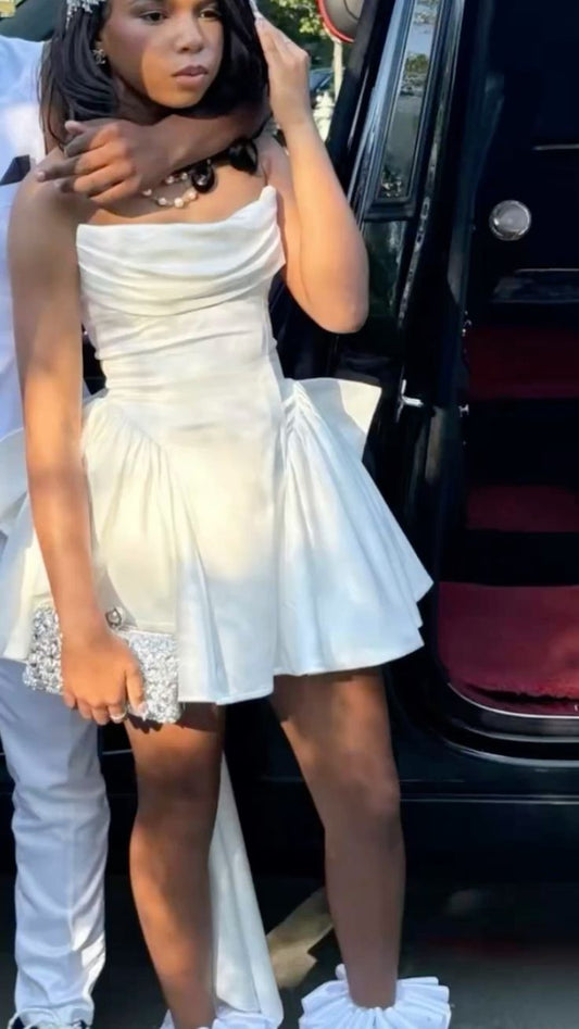 Cute Ball Gown Strapless White With Bow Mini Short Inspo Hoco Dress Ideas Homecoming Dresses RB4155